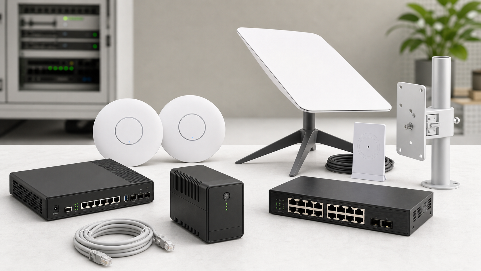 WiFi hardware including routers, access points, Starlink-style kit, switch, cables, mount, and backup power